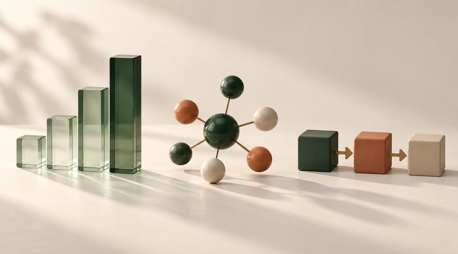 Still life of rising glass bars, a network of spheres and a chain of blocks, for data, customers and processes